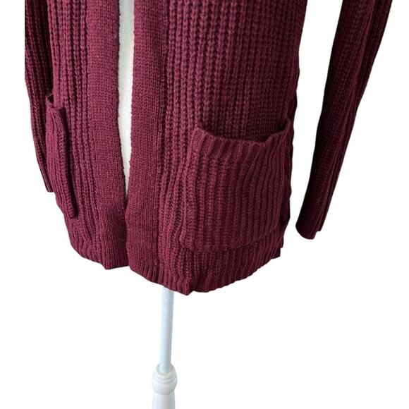 Hooked up burgundy ribbed knit open front cardigan lace up sides casual cozy - Picture 2 of 6